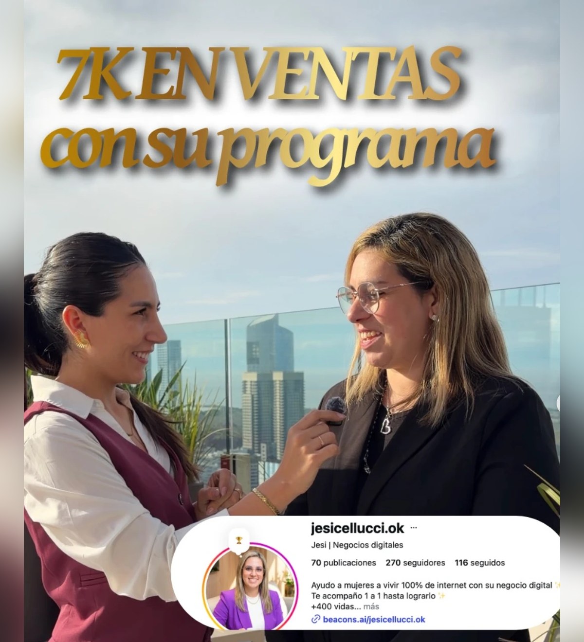 Jesi junto a Clara Pérez, con el texto «7K en ventas con su programa»